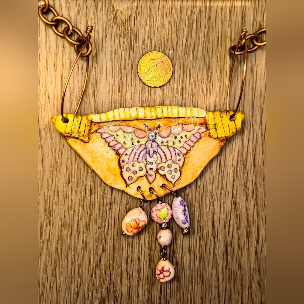 Primitive Cave Rustic Earth Colored Butterfly Pendant & Beads In Clay Necklace - Picture 5 of 9